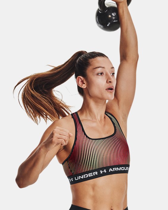 Women's Armour® Mid Crossback Printed Sports Bra, Black, pdpMainDesktop image number 0